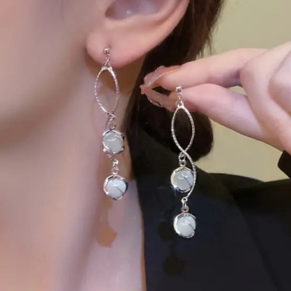 Elegant Long Tassel Opal Design Earrings Stainless Steel Drop FashionLook Silver